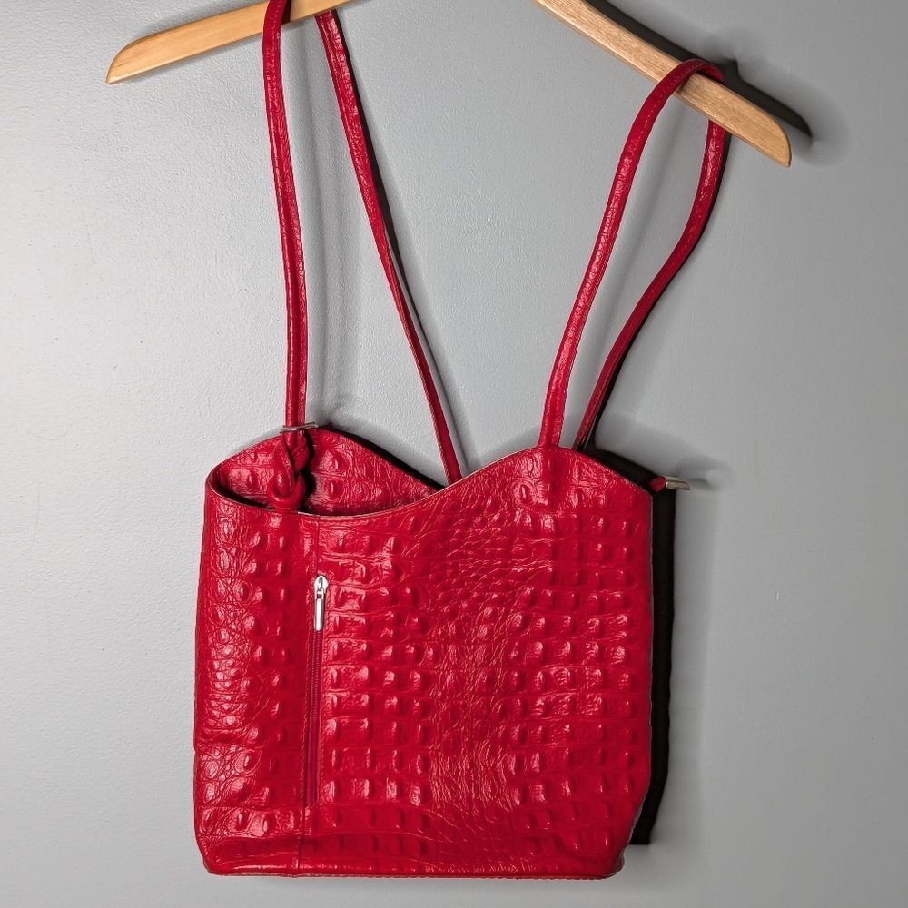 Vintage Italian Leather Ostrich Skin Textured Red Adjustable Backpack